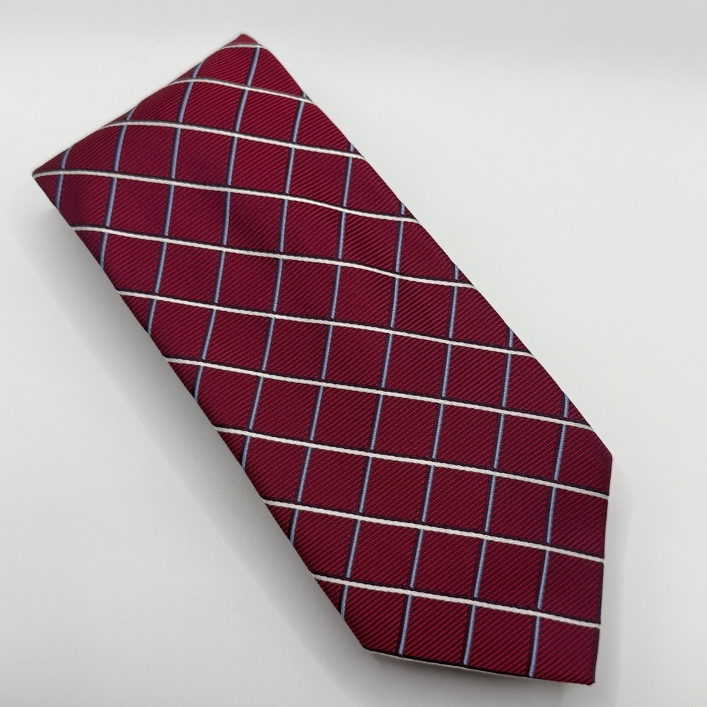 Jos A Bank 100% Silk Tie 3.5" Red Grid Plaid Classic Business Necktie